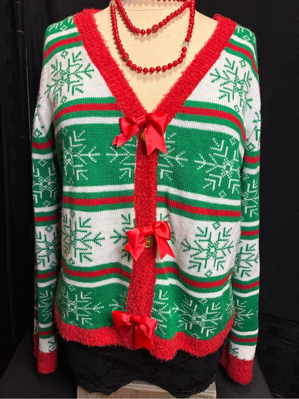 Allison Brittney Green, Red & White Snowflake V-Neck Cardigan